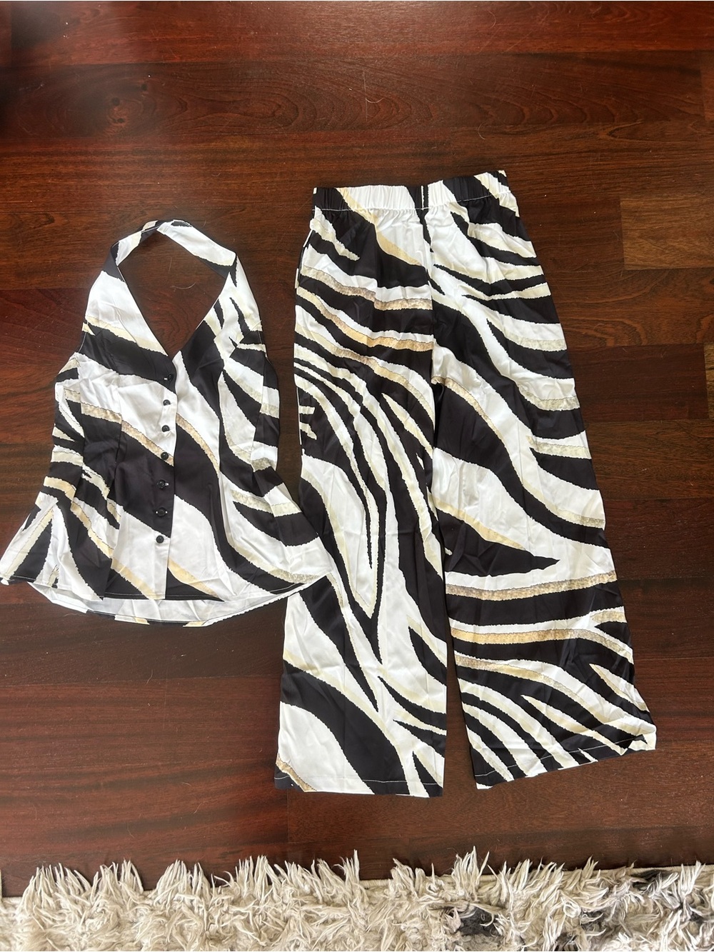 Black & White Zebra Print Halter Top and Wide-Leg Pants Set